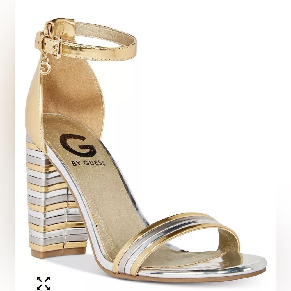 G by Guess Shaker Gold and Silver Block Heel Sandals Size 7.5